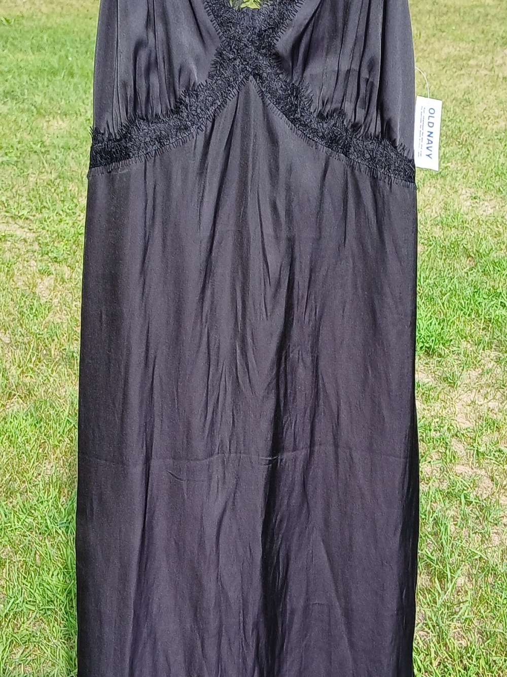 Old Navy Black Lace-Trim Satin Chemise Dress With Cut Out Back